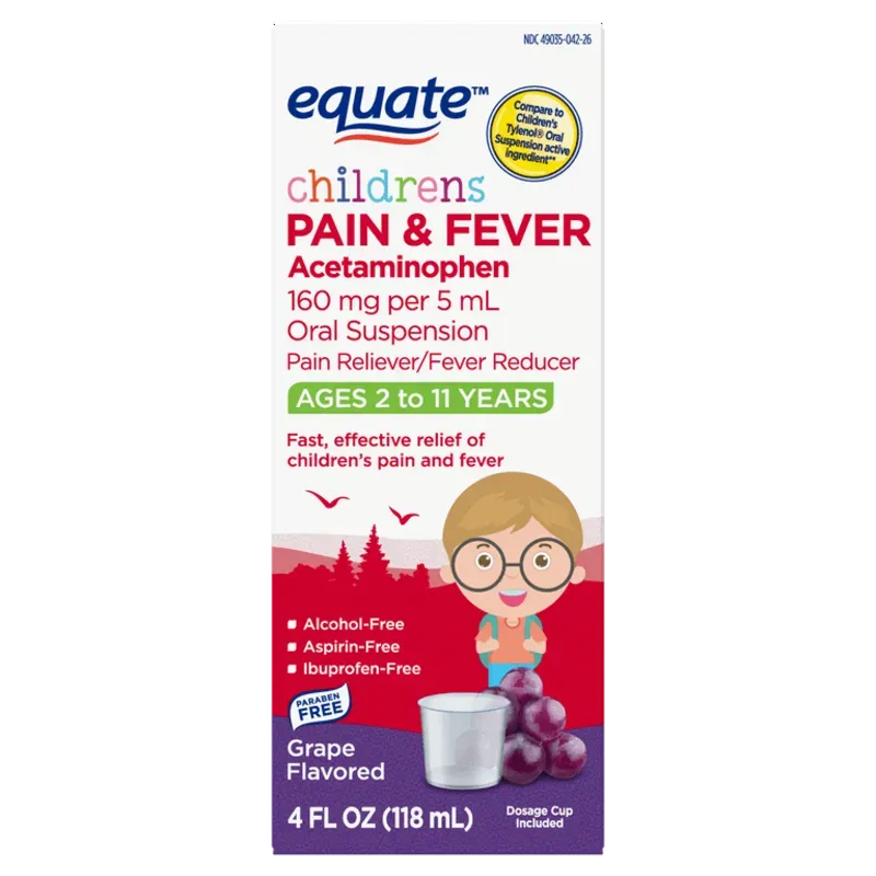 Equate Suspensión Oral de Acetaminofén para el Dolor y la Fiebre para Niños, 160 mg, de 2 a 11 Años, 4 fl oz