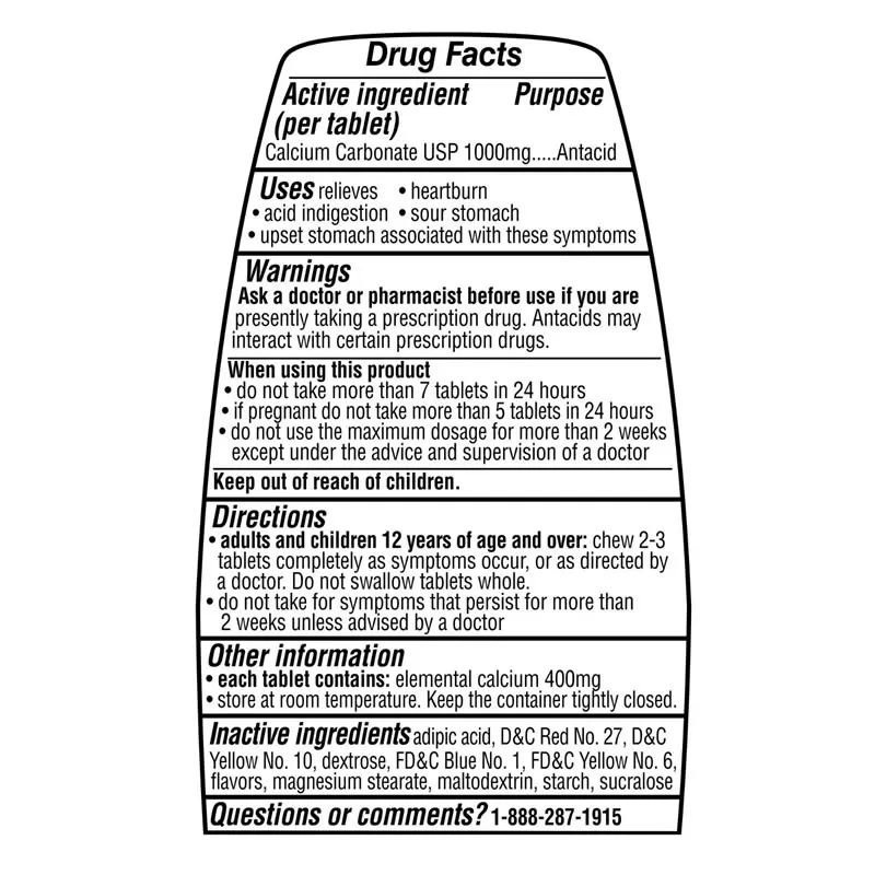 Equate Tabletas Masticables de Frutas Variadas de Antiácido Ultra Fuerte, 1000 mg, 72 Unidades