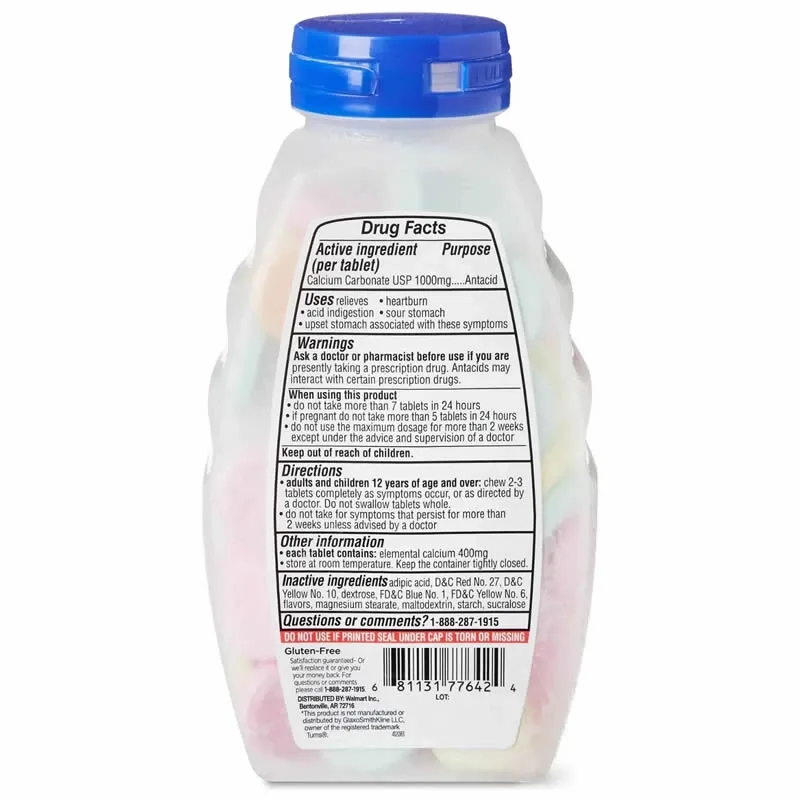 Equate Tabletas Masticables de Frutas Variadas de Antiácido Ultra Fuerte, 1000 mg, 72 Unidades