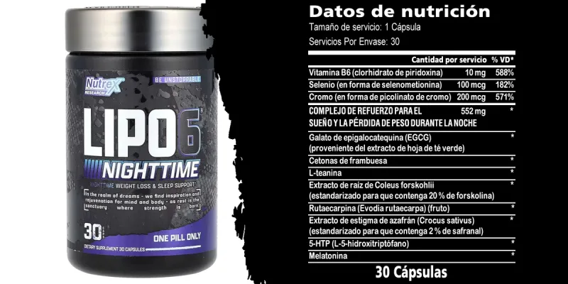 Lipo 6 Nighttime, Suplemento nocturno para favorecer la pérdida de peso y el sueño, 30 cápsulas 