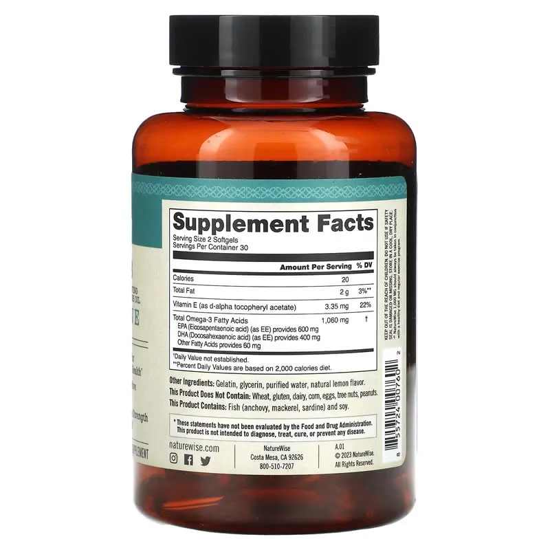 NatureWise, Omega 3 más vitamina E, 60 cápsulas blandas
