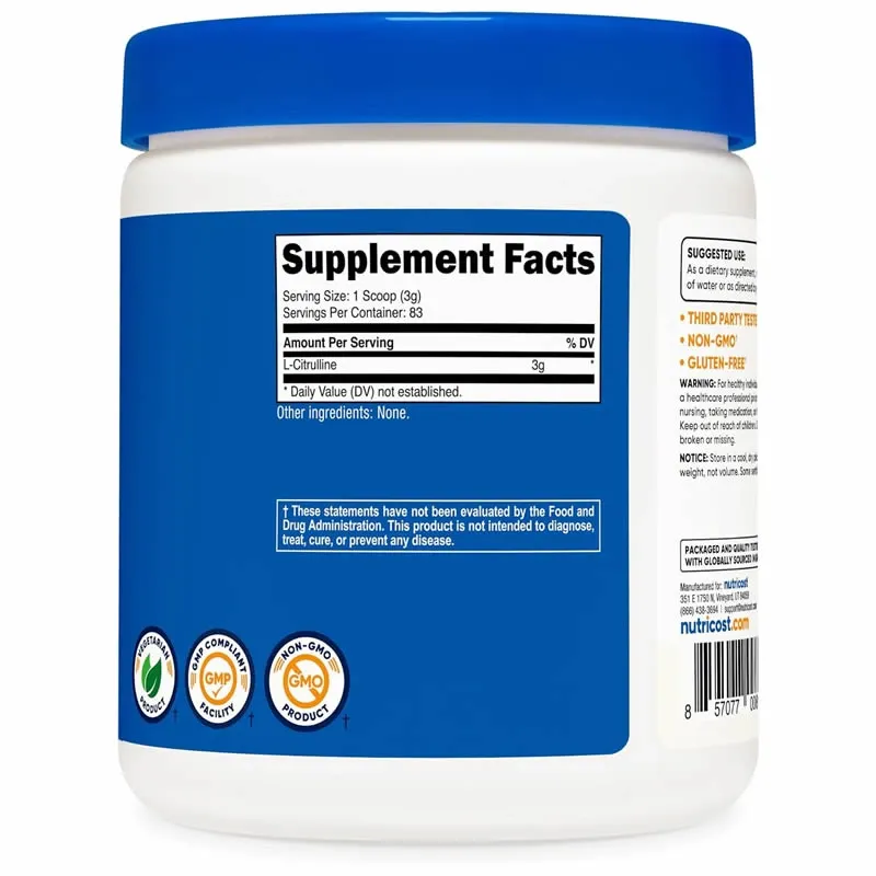 Nutricost L-citrulina pura (base) en polvo 8.82 oz, 83 porciones