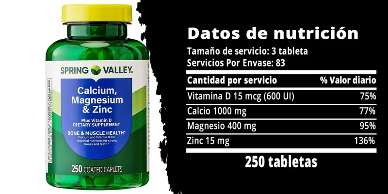 Spring Valley Calcio, Magnesio y Zinc Más Vitamina D3, 250 Unidades 