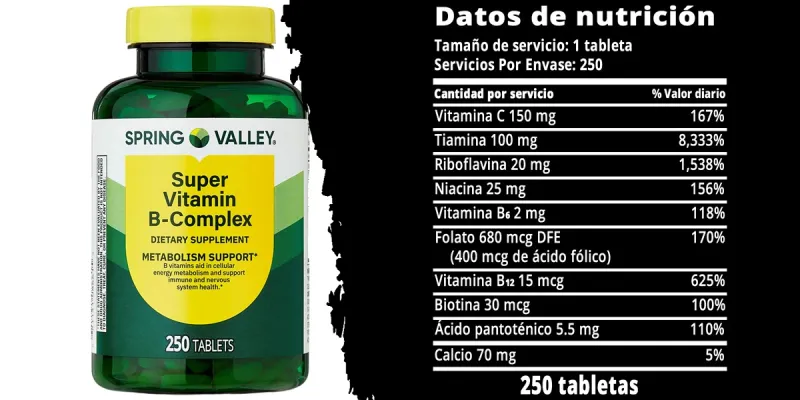 Spring Valley Supervitamina B-complejo, 250 Unidades, Tabletas de Suplemento Dietético para Apoyar el Metabolismo