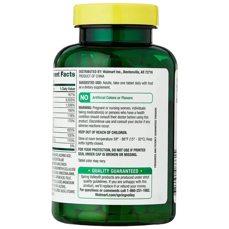 Spring Valley Supervitamina B-complejo, 250 Unidades, Tabletas de Suplemento Dietético para Apoyar el Metabolismo