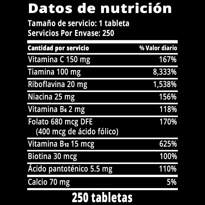 Spring Valley Supervitamina B-complejo, 250 Unidades, Tabletas de Suplemento Dietético para Apoyar el Metabolismo