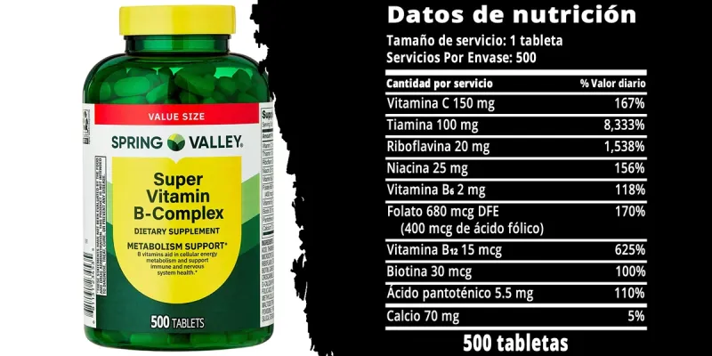 Spring Valley Supervitamina B-complejo, 500 Unidades, Tabletas de Suplemento Dietético para Apoyar el Metabolismo