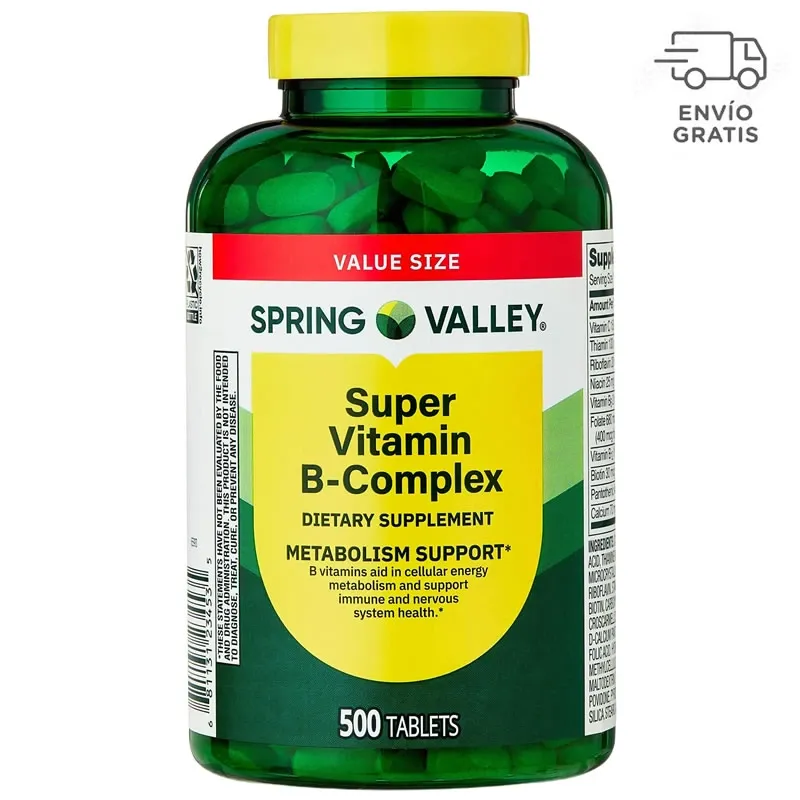 Spring Valley Supervitamina B-complejo, 500 Unidades, Tabletas de Suplemento Dietético para Apoyar el Metabolismo