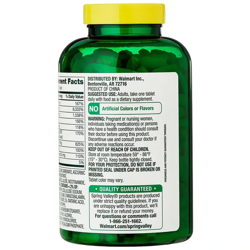 Spring Valley Supervitamina B-complejo, 500 Unidades, Tabletas de Suplemento Dietético para Apoyar el Metabolismo