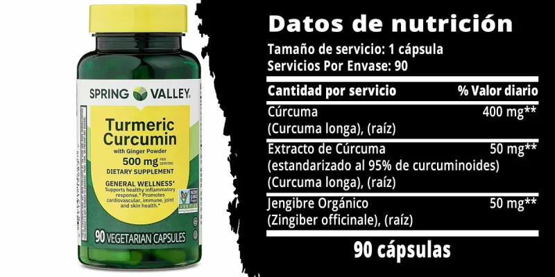 Spring Valley, Curcumina de cúrcuma con jengibre en polvo – 500 mg, 90 cápsulas vegetarianas