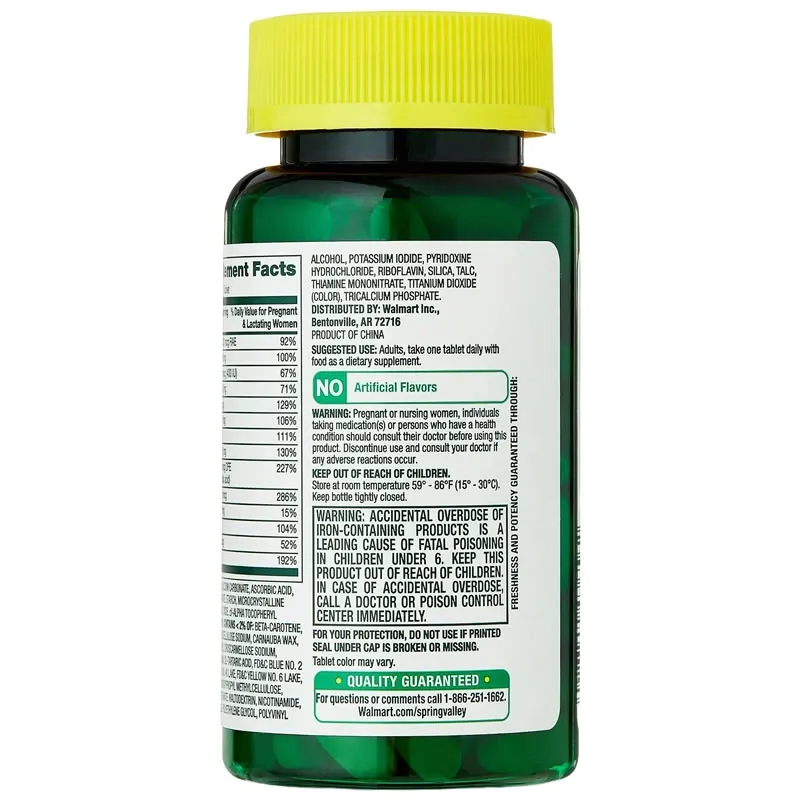 Spring Valley Multivitamínico/multimineral Prenatal para Mujeres Embarazadas y Lactantes Tabletas de Suplemento Dietético, 100 Unidades