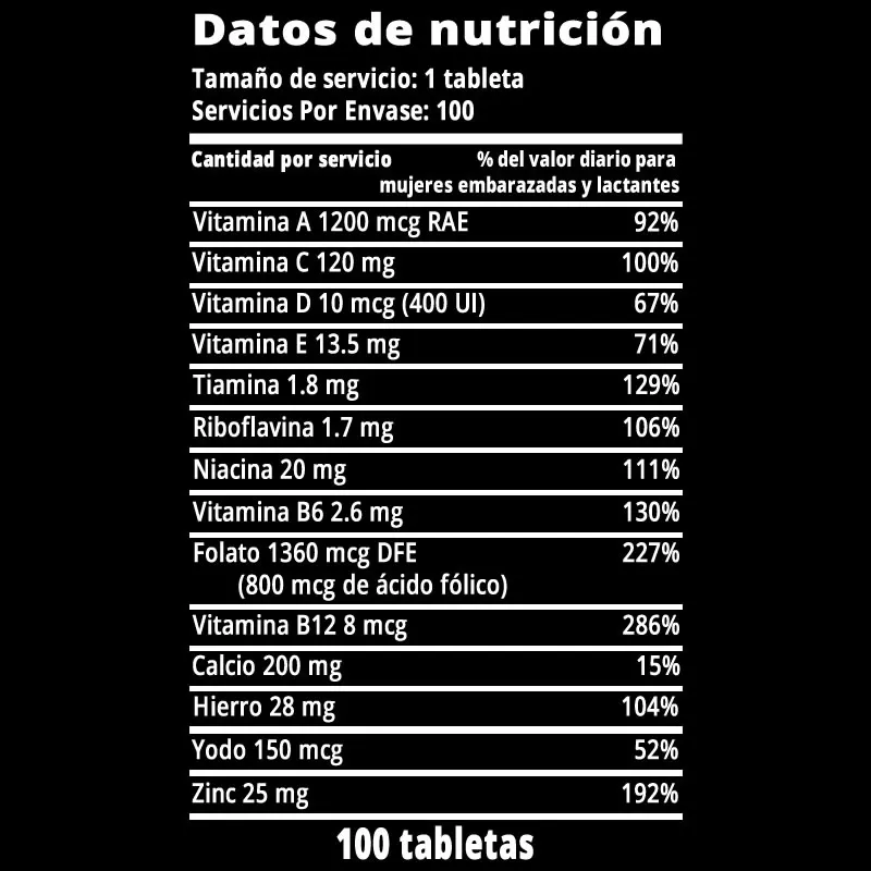 Spring Valley Multivitamínico/multimineral Prenatal para Mujeres Embarazadas y Lactantes Tabletas de Suplemento Dietético, 100 Unidades