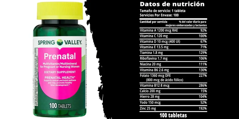 Spring Valley Multivitamínico/multimineral Prenatal para Mujeres Embarazadas y Lactantes Tabletas de Suplemento Dietético, 100 Unidades