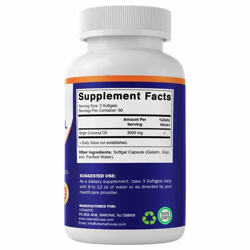 Vitamatic Cápsulas blandas de aceite de coco virgen, 3000 mg por porción, 60 porciones, 180 unidades