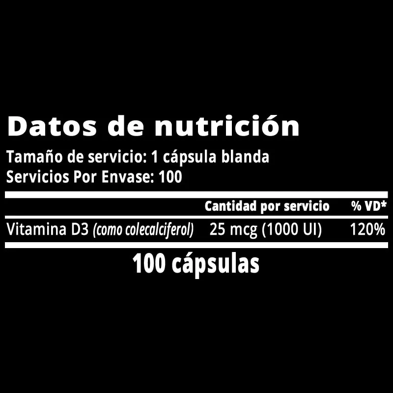Vitamina D3 1000 UI, 100 cápsulas blandas