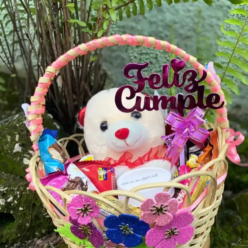 Caja y cesta de confituras y peluche 