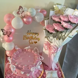 Cestas con pastel y 6 flores 