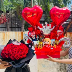 Combo de súper cesta gigante + ramo de rosas naturales 