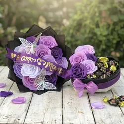 Combo de ramo morado y caja de rosas con bombones💜🎁✨