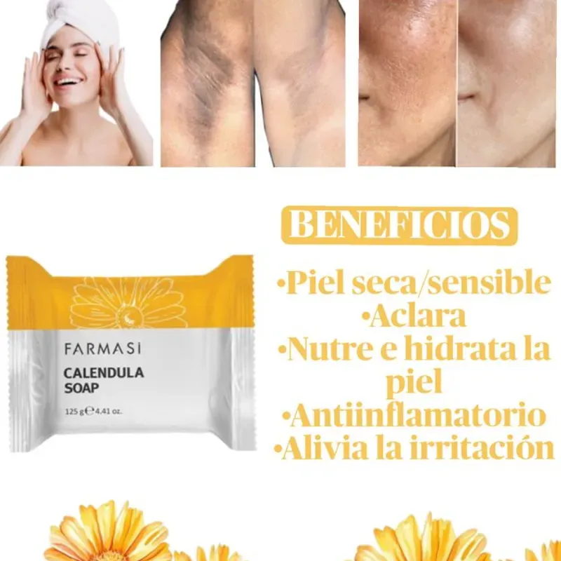 Jabón Caléndula 125g Cicatrizante, elimina manchas, aclara zonas oscuras, hidratante