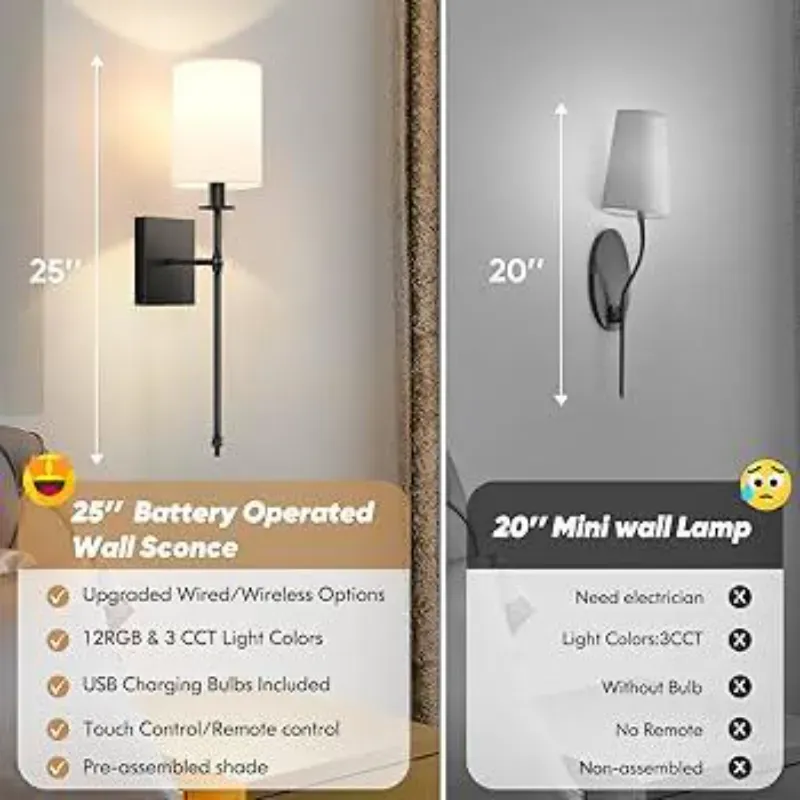24.5 Concesiones de pared de pulgada Juego de baterías de 2, Concesiones de pared inalámbricas recargables Luces con lámparas de pared de oro dentables remotas y no cableadas con un tono de tela blanca para el dormitorio, 2 bombillas incluidas