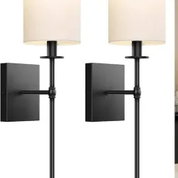 24.5 Concesiones de pared de pulgada Juego de baterías de 2, Concesiones de pared inalámbricas recargables Luces con lámparas de pared de oro dentables remotas y no cableadas con un tono de tela blanca para el dormitorio, 2 bombillas incluidas