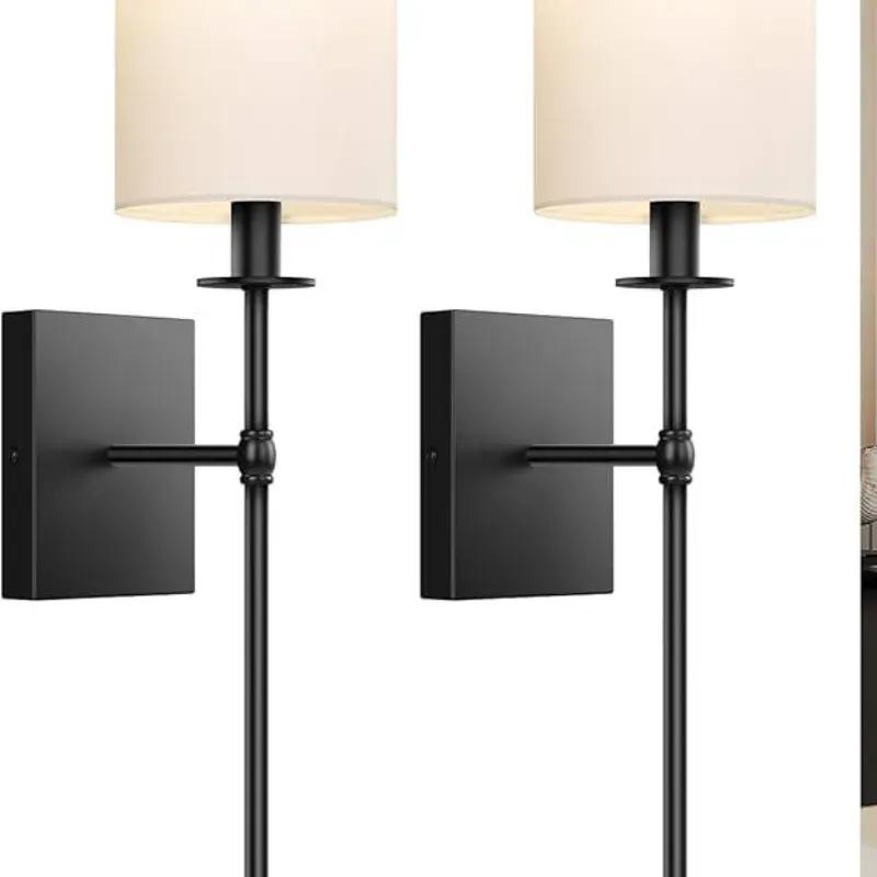 24.5 Concesiones de pared de pulgada Juego de baterías de 2, Concesiones de pared inalámbricas recargables Luces con lámparas de pared de oro dentables remotas y no cableadas con un tono de tela blanca para el dormitorio, 2 bombillas incluidas