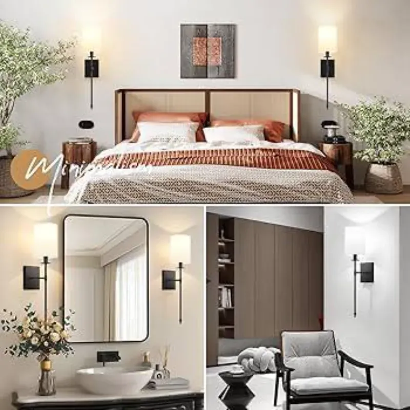 24.5 Concesiones de pared de pulgada Juego de baterías de 2, Concesiones de pared inalámbricas recargables Luces con lámparas de pared de oro dentables remotas y no cableadas con un tono de tela blanca para el dormitorio, 2 bombillas incluidas