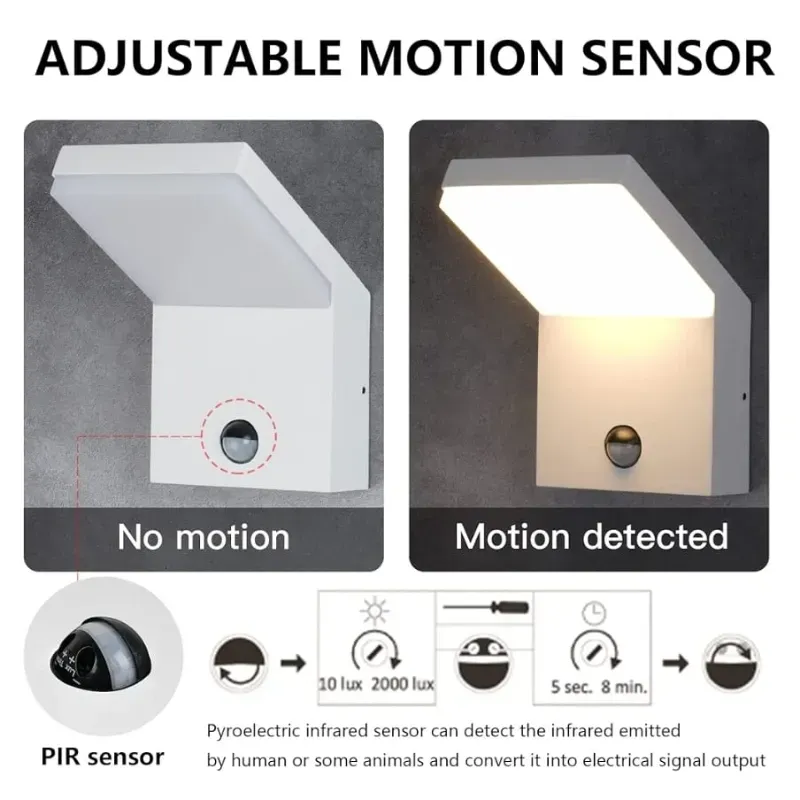Lámpara de pared LED blanca con sensor de movimiento IP54, resistente al agua, para garaje, puerta delantera, patio, casa, 3000 K, 18 W, 1800 lm
