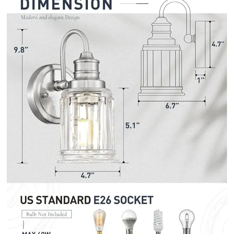 Aplique de pared de níquel cepillado, moderno aplique de pared para baño, aplique de pared de 1 luz con vidrio estriado en forma de campana, 5HZG106B BN