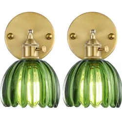 Juego de dos apliques de pared vintage de cristal de tulipán verde, brazo oscilante, 180 grados, ajustables, para interiores, retro, para dormitorio, baño, puerta, tocador, entrada