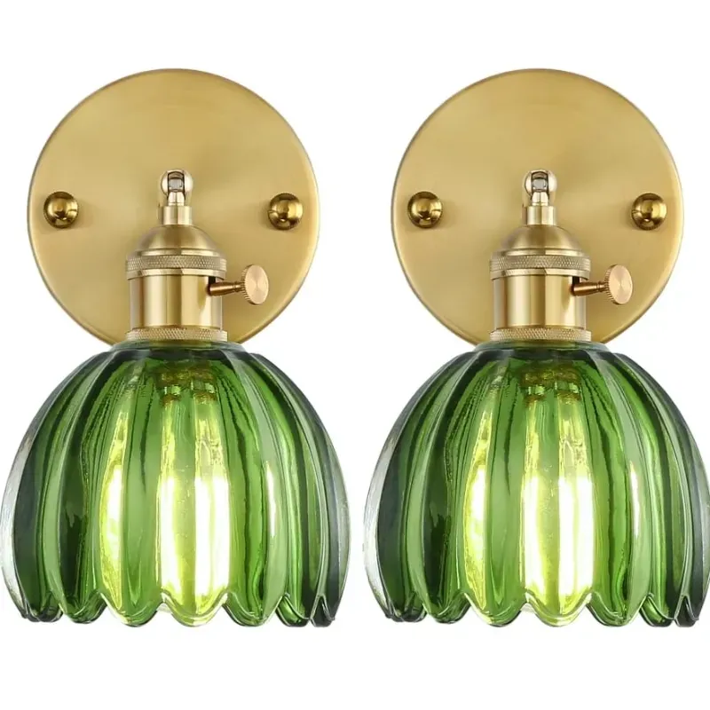 Juego de dos apliques de pared vintage de cristal de tulipán verde, brazo oscilante, 180 grados, ajustables, para interiores, retro, para dormitorio, baño, puerta, tocador, entrada