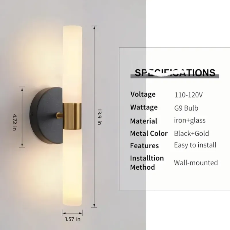 Apliques de pared - Juego de dos luces de pared negras y doradas de latón con vidrio blanco para sala de estar