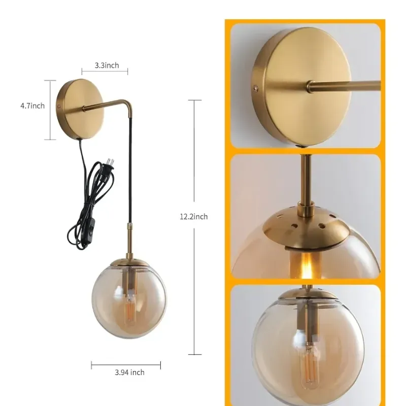 Concesiones de pared Conjunto de dos conchufes de pared enchufables con lámpara de pared de sombra de cristal de ámbar con lámpara de pared de cuerda Conce de pantalla enchufable con latón cepillado Conchufa de oro en conchos de pared Conjunto de 2 enchufes con luz de pared 