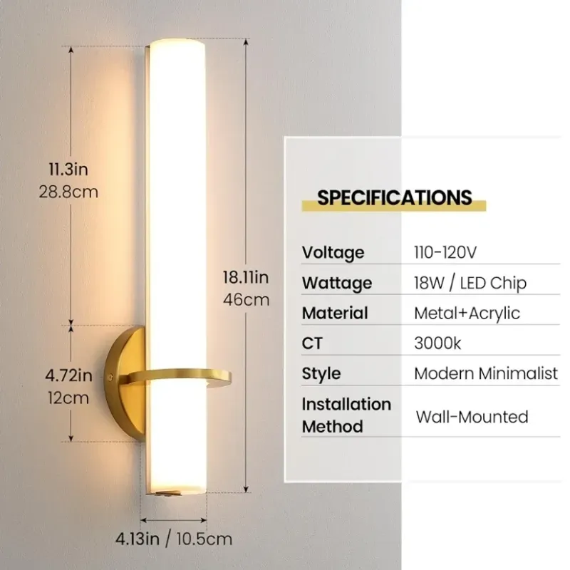 Concesiones de pared dorada Conjunto de esconces modernos dimables de dos a 18 pulgadas Iluminación de pared de 18W 3000K Lámparas de pared acrílicas de lámparas de pared cableadas de colores duros para el pasillo del baño del dormitorio de la sala de estar.
