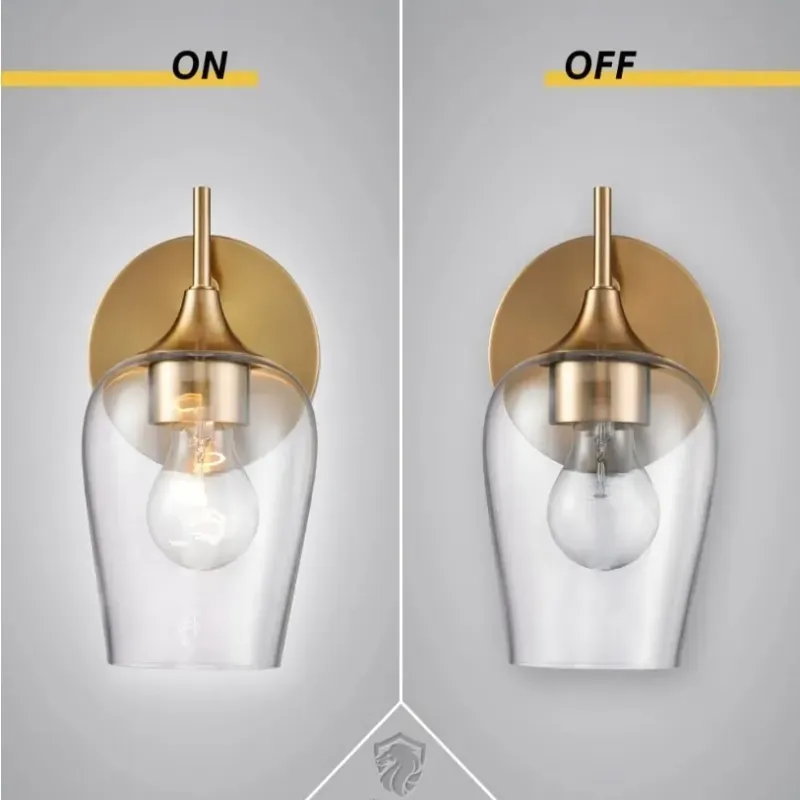 Concesos de oro Iluminación de paredes Conjunto de 2, lámparas de iluminación de paredes de baño Lágrimas de pared modernas y vintage con una sombra de cristal de champán transparente para el dormitorio, chimenea, pasarela, cocina