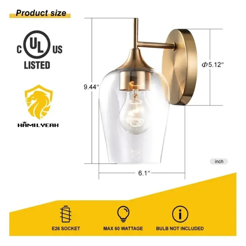 Concesos de oro Iluminación de paredes Conjunto de 2, lámparas de iluminación de paredes de baño Lágrimas de pared modernas y vintage con una sombra de cristal de champán transparente para el dormitorio, chimenea, pasarela, cocina