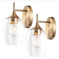 Concesos de oro Iluminación de paredes Conjunto de 2, lámparas de iluminación de paredes de baño Lágrimas de pared modernas y vintage con una sombra de cristal de champán transparente para el dormitorio, chimenea, pasarela, cocina