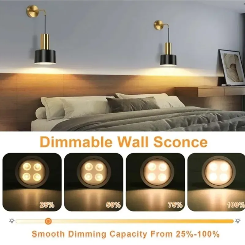 Conjunto de 2 esconces de pared operados por baterías, luces de pared inalámbricas con lámparas de pared dimables remotas, negras y doradas con bombillas LED 3000K/4000K/6000K, decoración de pared de esconces modernos para el pasillo de la sala de estar del dormitorio.