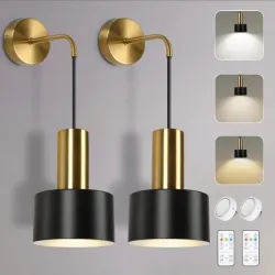 Conjunto de 2 esconces de pared operados por baterías, luces de pared inalámbricas con lámparas de pared dimables remotas, negras y doradas con bombillas LED 3000K/4000K/6000K, decoración de pared de esconces modernos para el pasillo de la sala de estar del dormitorio.