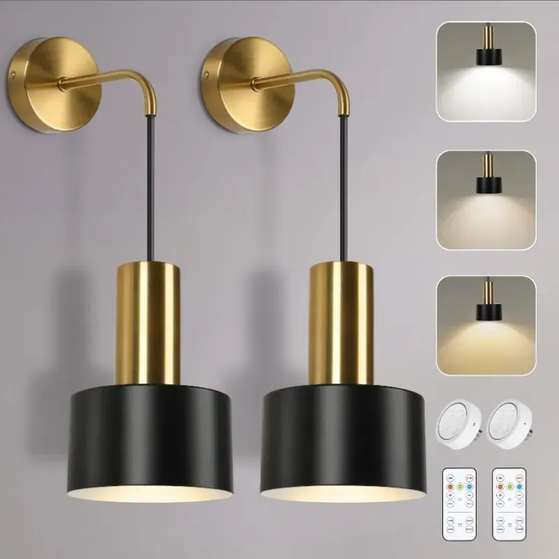 Conjunto de 2 esconces de pared operados por baterías, luces de pared inalámbricas con lámparas de pared dimables remotas, negras y doradas con bombillas LED 3000K/4000K/6000K, decoración de pared de esconces modernos para el pasillo de la sala de estar del dormitorio.