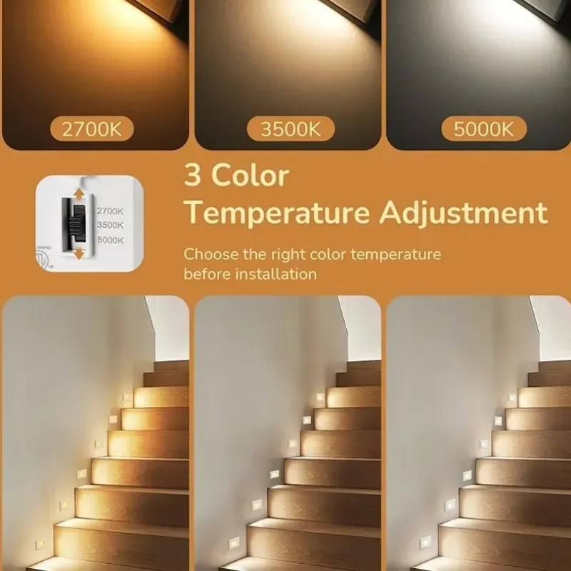 EDISHINE 120V Iluminación de escaleras interiores exteriores, 2,5W 150LM Lámpara de pared LED, 2700K/3500K/5000K, 5%-100% Iluminación de escaleras impermeables IP65 tenible, CRI90, aluminio, ángulo de viga 30°, blanco, 3° Pack.