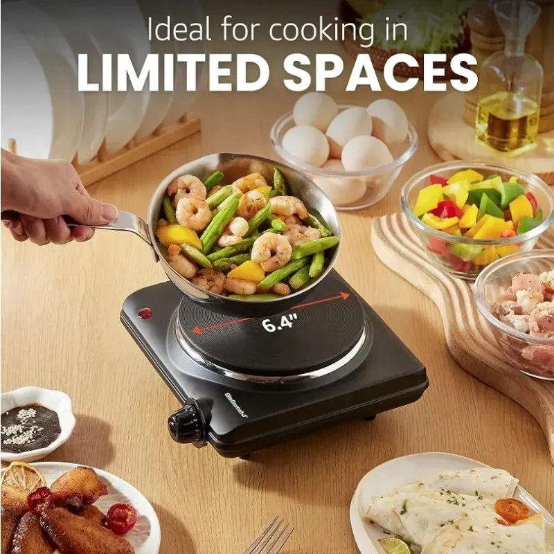 Elite Gourmet ESB-301BF Countertop Single Cast Iron Burner, placa caliente eléctrica de 1000 vatios, controles de temperatura, luces indicadoras de potencia, fácil de limpiar, negro