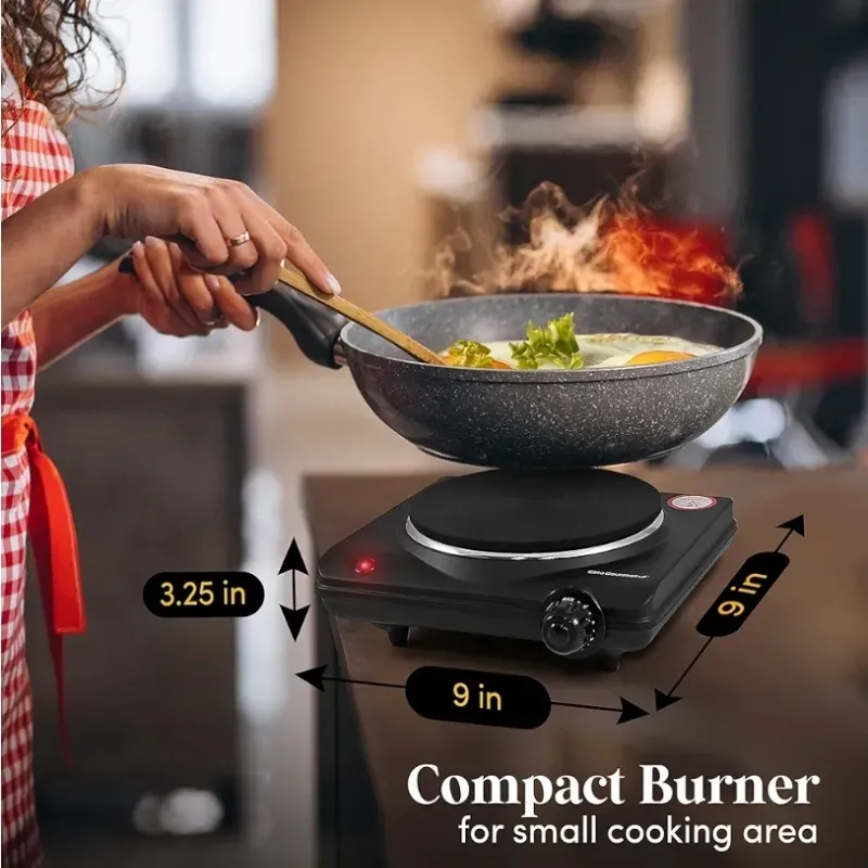Elite Gourmet ESB-301BF Countertop Single Cast Iron Burner, placa caliente eléctrica de 1000 vatios, controles de temperatura, luces indicadoras de potencia, fácil de limpiar, negro