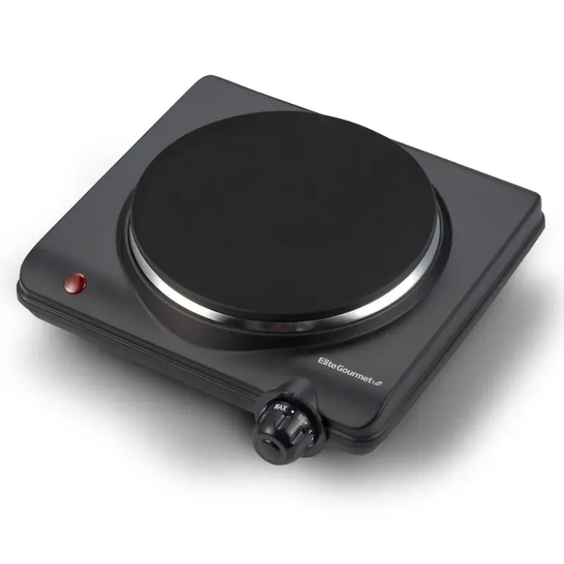 Elite Gourmet ESB-301BF Countertop Single Cast Iron Burner, placa caliente eléctrica de 1000 vatios, controles de temperatura, luces indicadoras de potencia, fácil de limpiar, negro