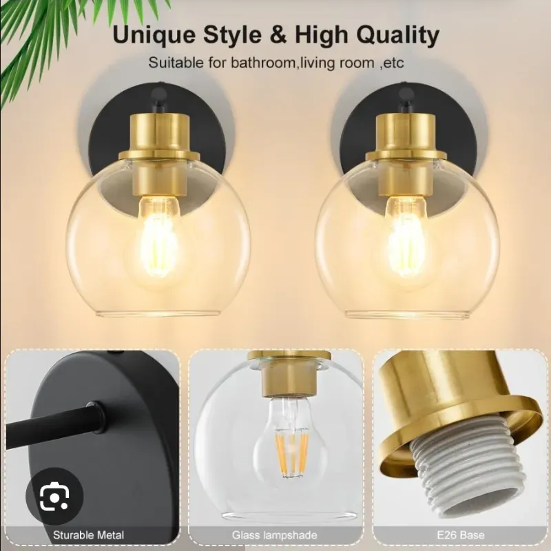 Emak Black y Gold Sconces Set de dos luces de vanidad de globo moderno con sombra de cristal transparente, espacio de pared para sala de estar, imágenes, dormitorio, baño, pasillo, WS114-BKBGD-2PK