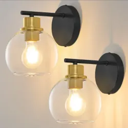 Emak Black y Gold Sconces Set de dos luces de vanidad de globo moderno con sombra de cristal transparente, espacio de pared para sala de estar, imágenes, dormitorio, baño, pasillo, WS114-BKBGD-2PK
