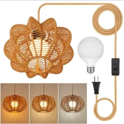 Enchufe con luz pendiente de rata de latón de latón con cable de cáñamo de 15FT, interruptor dentable - Lámparas colgantes interiores para el dormitorio de la sala de estar de Boho 