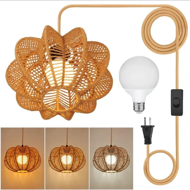Enchufe con luz pendiente de rata de latón de latón con cable de cáñamo de 15FT, interruptor dentable - Lámparas colgantes interiores para el dormitorio de la sala de estar de Boho 