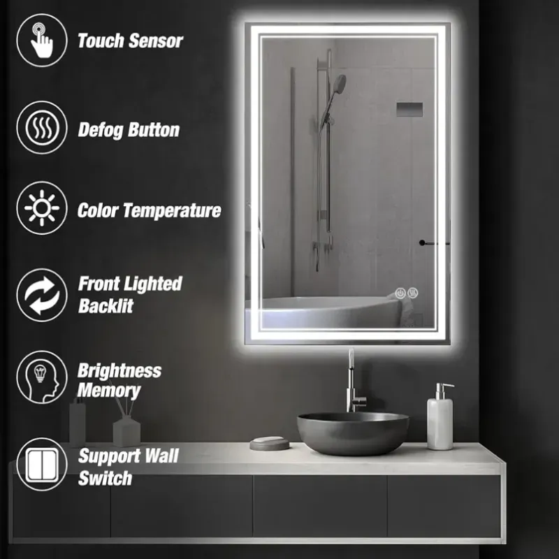 Espejo LED de 60 x 80 para baño con iluminación frontal y trasera, antivaho, regulable, 3 colores, espejo de baño LED con luces, función de memoria, espejo inteligente, montaje en pared horizontal/vertical.
